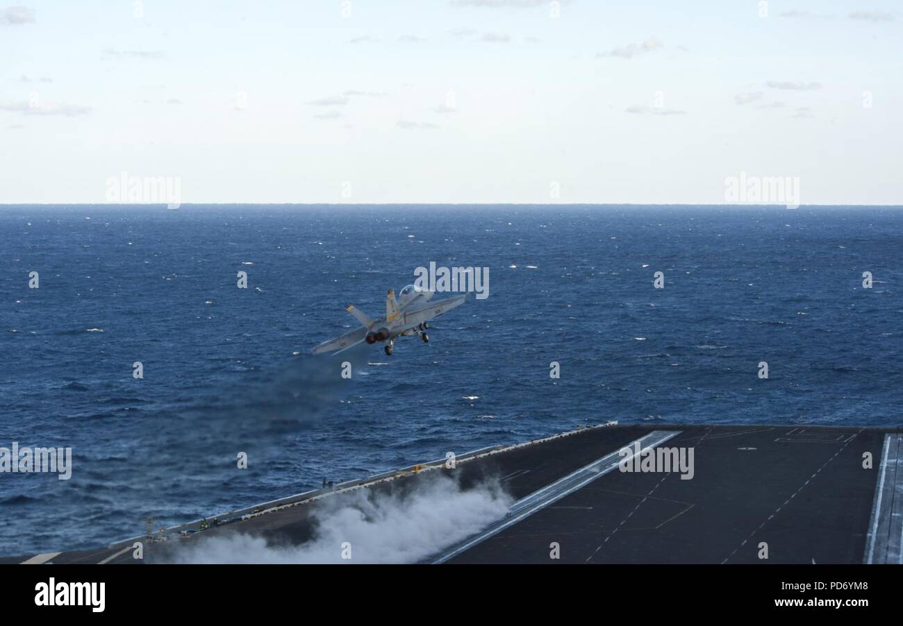An F-A-18F launches from USS Harry S. Truman. (8448062204). Stock Photo