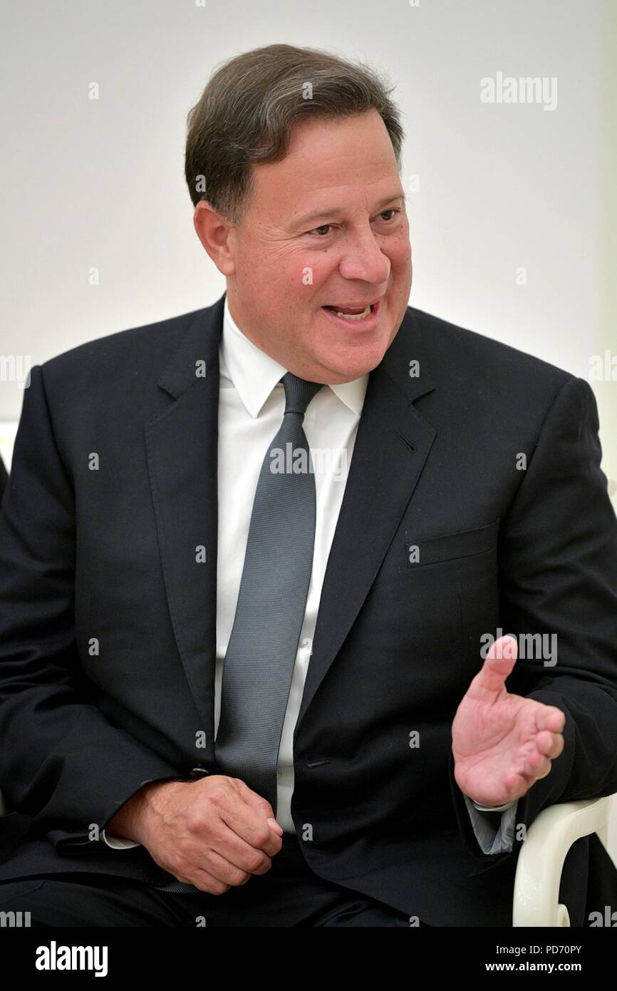 Panamanian President Juan Carlos Varela during a bilateral meeting with Russian President Vladimir Putin at the Kremlin June 14, 2018 in Moscow, Russia. The Panamanian leader is in Moscow to attend the opening of the 2018 FIFA World Cup. Stock Photo