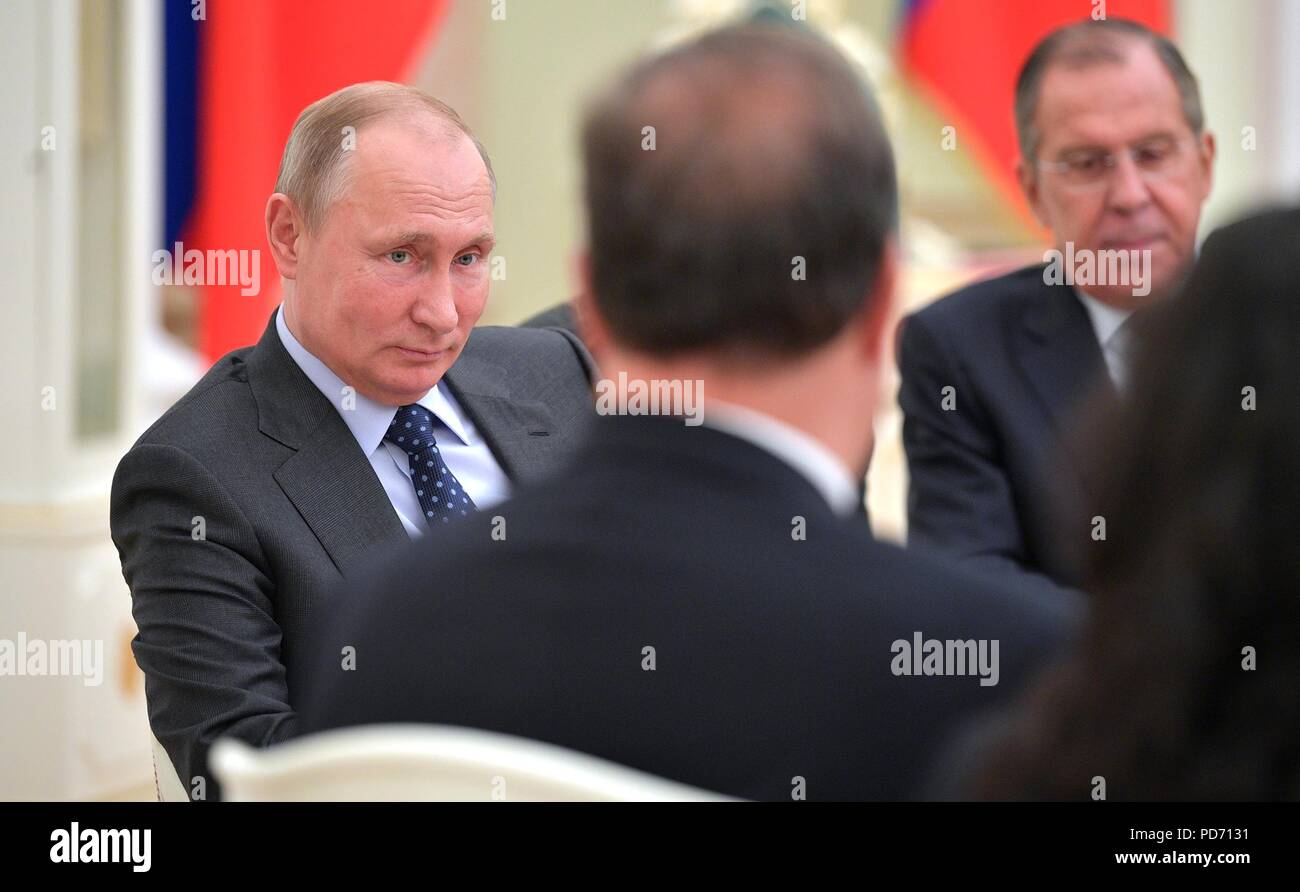 Russian President Vladimir Putin during a meeting with Panamanian President Juan Carlos Varela at the Kremlin June 14, 2018 in Moscow, Russia. The Panamanian leader is in Moscow to attend the opening of the 2018 FIFA World Cup. Stock Photo