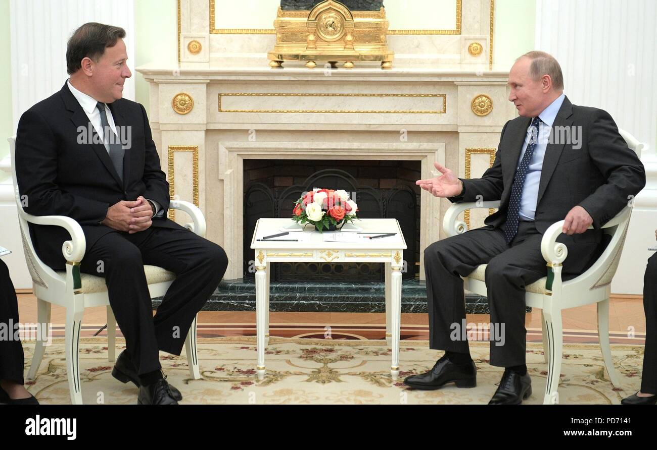 Russian President Vladimir Putin during a meeting with Panamanian President Juan Carlos Varela at the Kremlin June 14, 2018 in Moscow, Russia. The Panamanian leader is in Moscow to attend the opening of the 2018 FIFA World Cup. Stock Photo