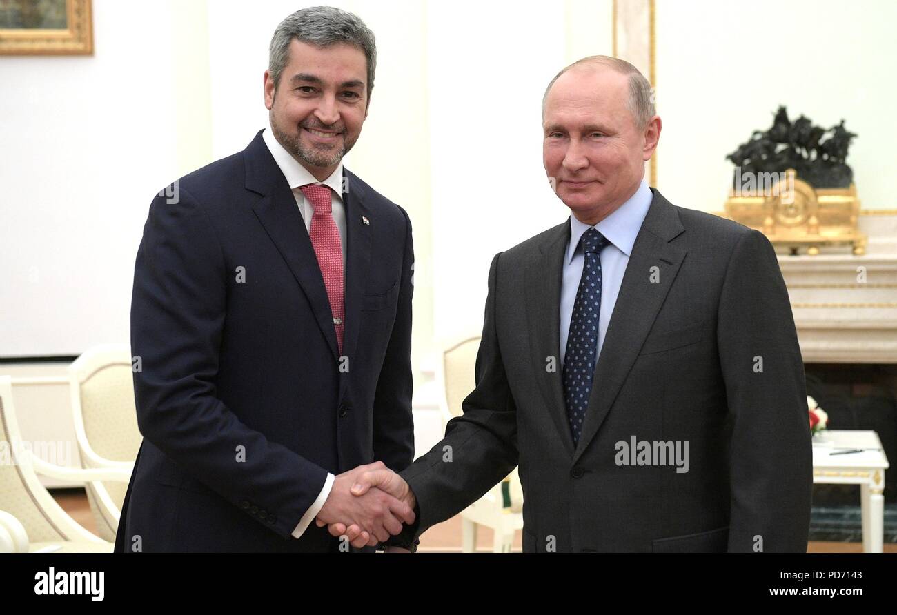 Russian President Vladimir Putin, right, welcomes Paraguay President Mario Abdo Benitez for a bilateral meeting at the Kremlin June 14, 2018 in Moscow, Russia. The Paraguay leader is in Moscow to attend the opening of the 2018 FIFA World Cup. Stock Photo