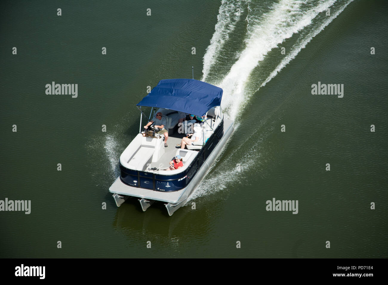 A pontoon boat as seen from above. Stock Photo