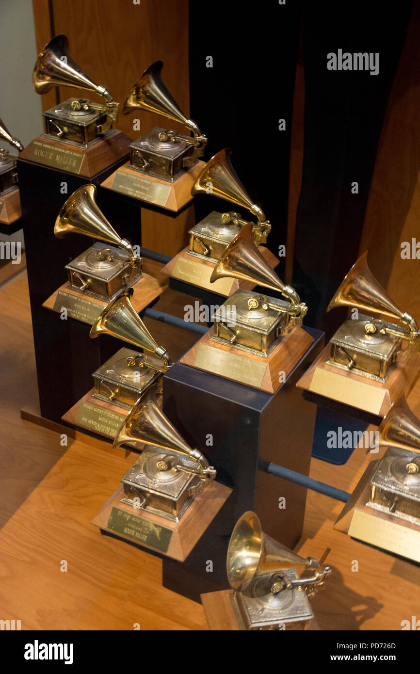 A collection of Grammy Awards on display at the Country Music Hall of Fame, Nashville, Tennessee, USA Stock Photo