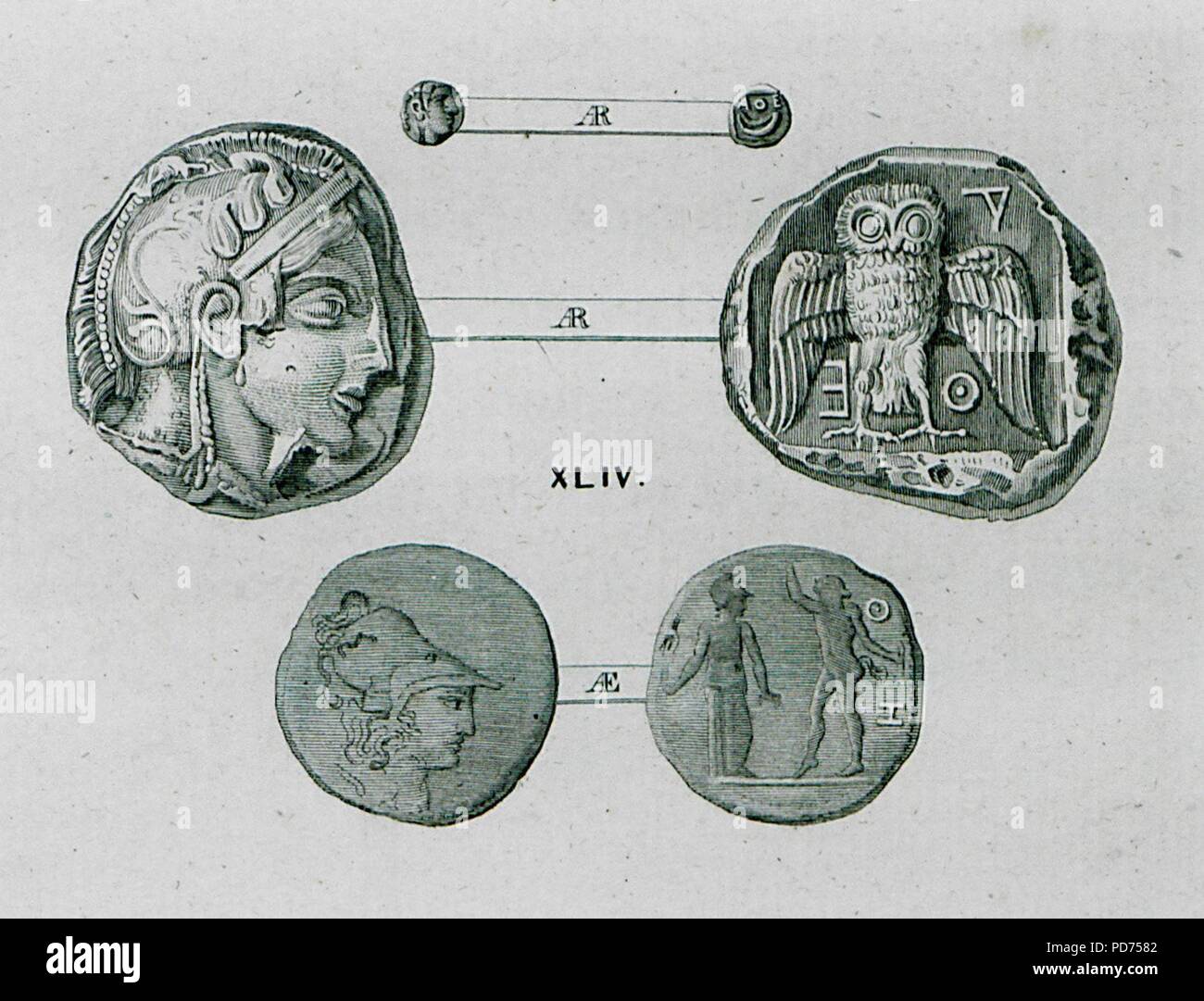 Ancient coins of Athens 2 Silver tetradrachm Obv Athena Rev Athene noctua 3 Bronze coin of Roman era Obv Athena and Saty - Peter Oluf Brøndsted - 1830. Stock Photo