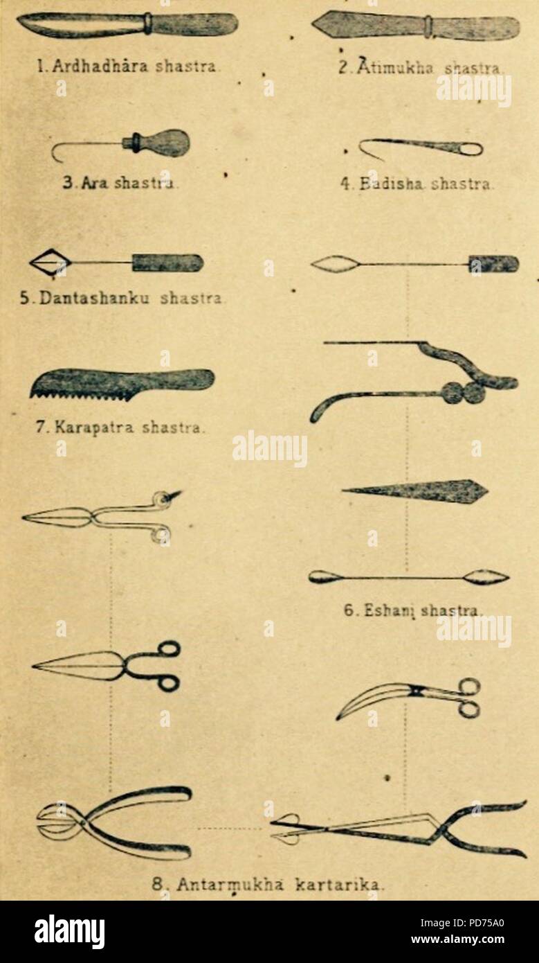 Ancient Hindu text Sushruta samhita shastra and kartarika, surgical instruments 1 of 4 Stock