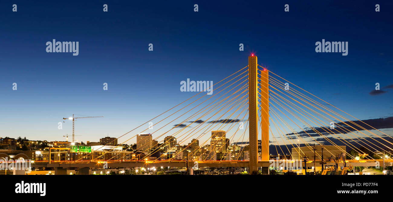 East 21st Street over Thea Foss Waterway in Tacoma Washington during evening blue hour panorama Stock Photo