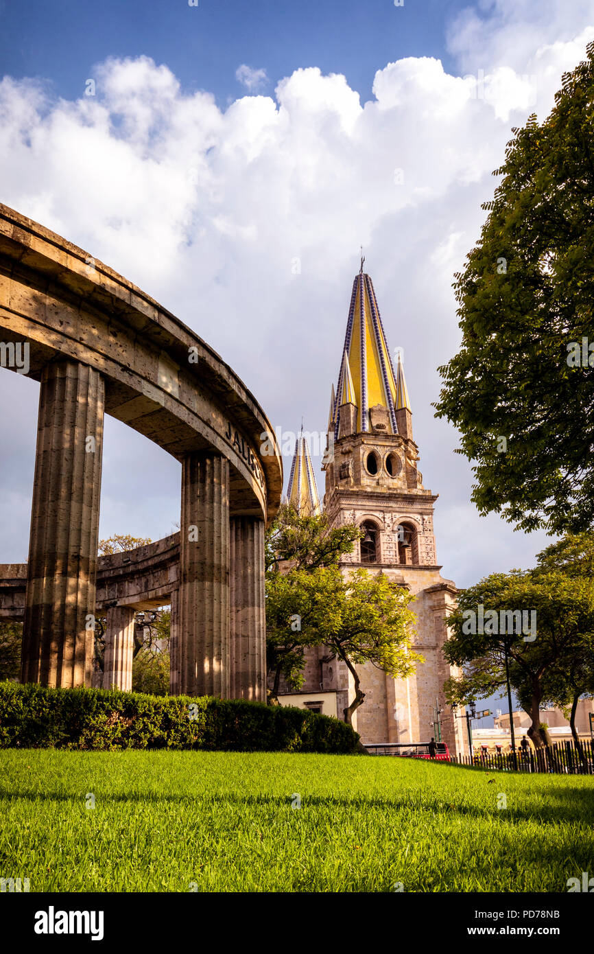 Rotunda of Ilustres and cathedral in downtown Guadalajara, Mexico. Stock Photo