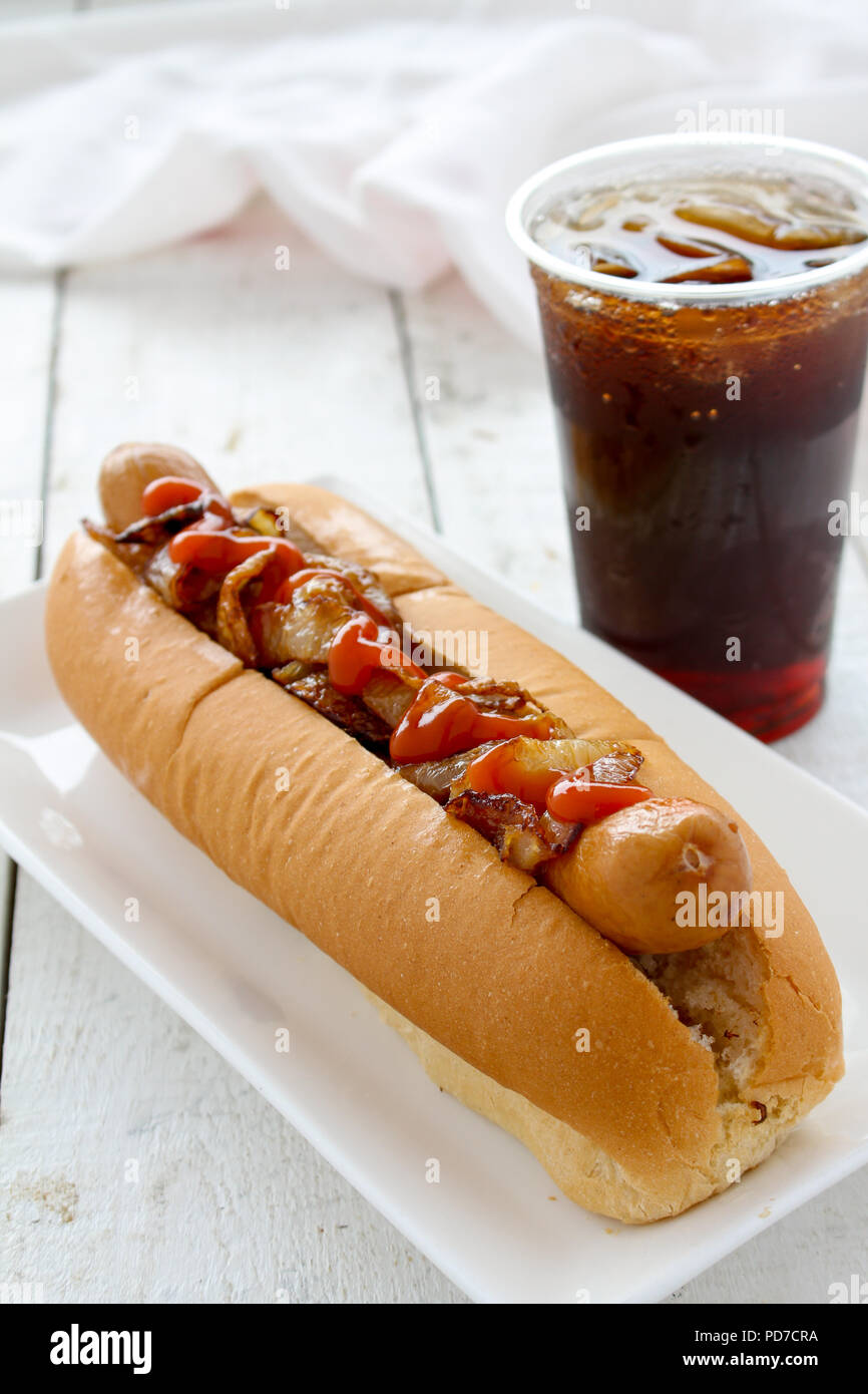 traditional hotdog in bread roll Stock Photo