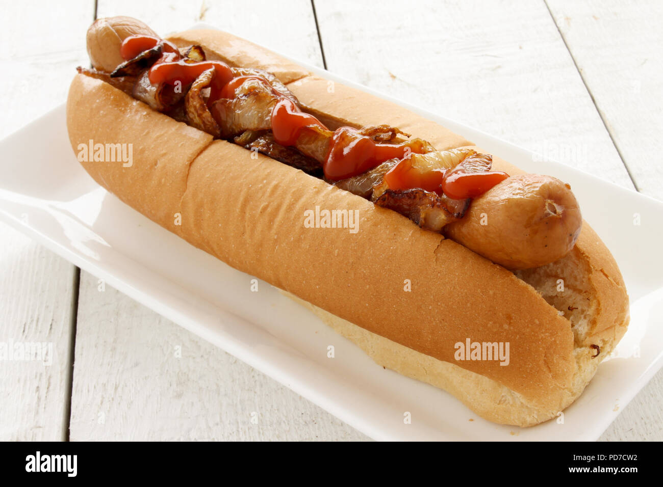 traditional hotdog in bread roll Stock Photo