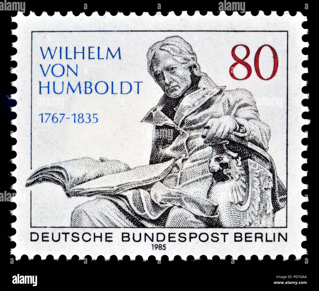 German postage stamp (Berlin: 1985) : Friedrich Wilhelm Christian Karl Ferdinand von Humboldt (1767 – 1835) Prussian philosopher, linguist, government Stock Photo