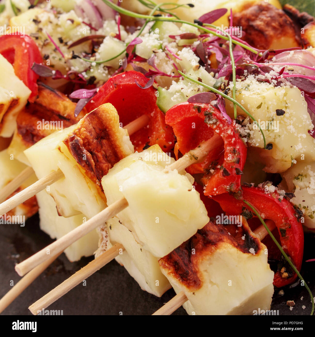 grilled halloumi vegetable kebabs Stock Photo Alamy
