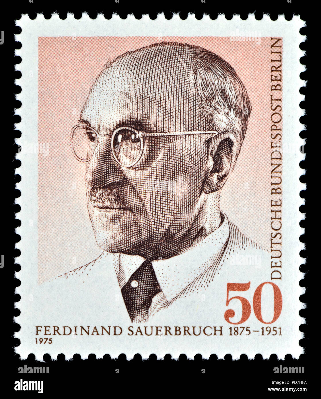 German postage stamp (Berlin: 1975) : Ernst Ferdinand Sauerbruch (1875 – 1951) German surgeon who developed the Sauerbruch chamber, a pressure chamber Stock Photo