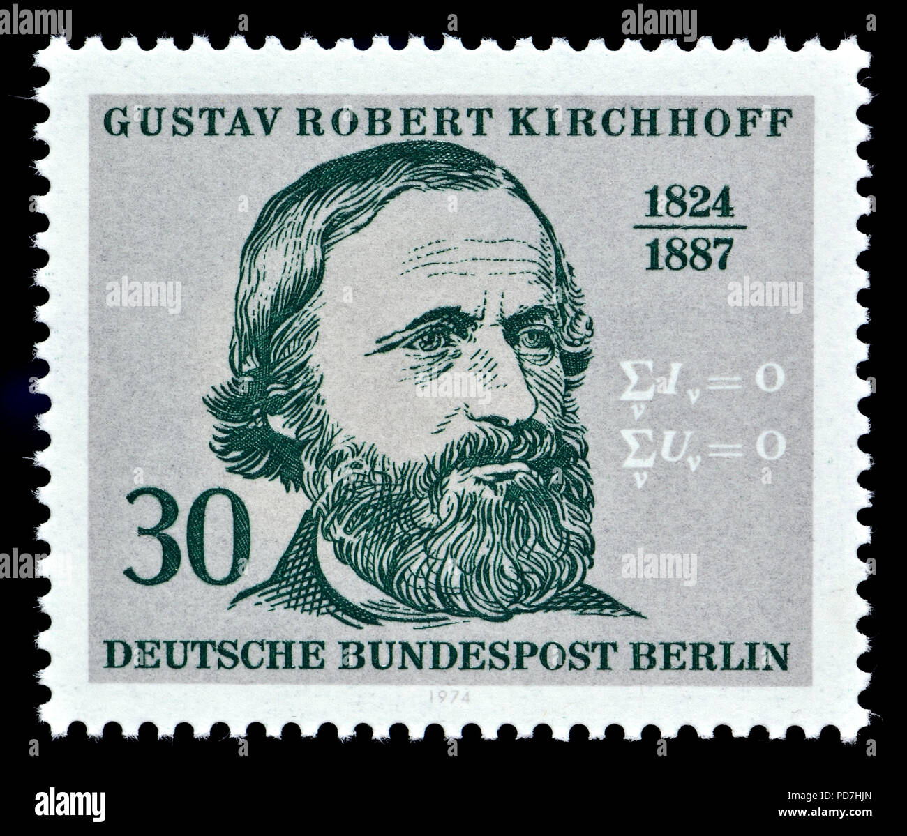 German postage stamp (Berlin: 1974) : Gustav Robert Kirchhoff (1824 – 1887) German physicist who contributed to the fundamental understanding of elect Stock Photo