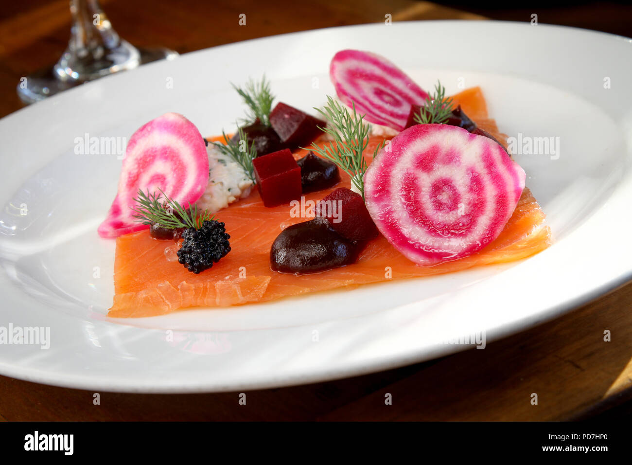 plated smoked salmon starter with beetroot Stock Photo Alamy
