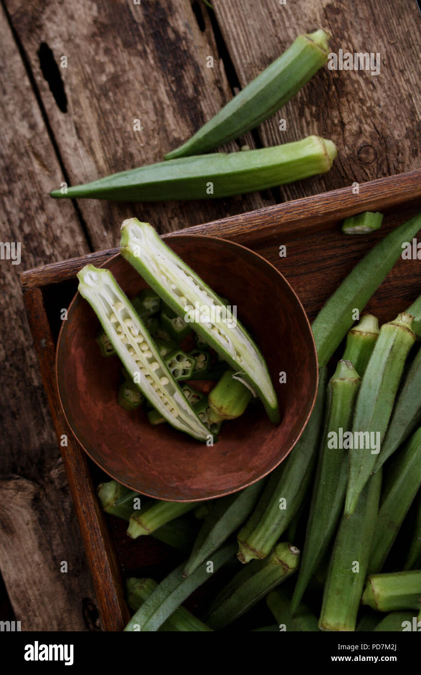 preparing fresh okra vegetables Stock Photo Alamy