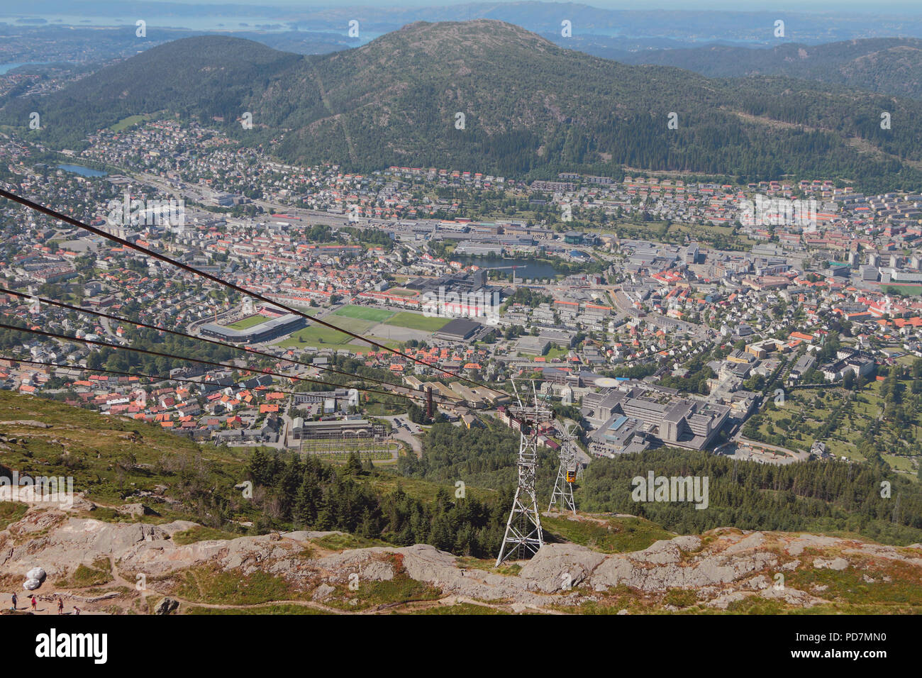 Ropeway Ulriksbanen and city at mountain foot. Bergen, Norway Stock Photo