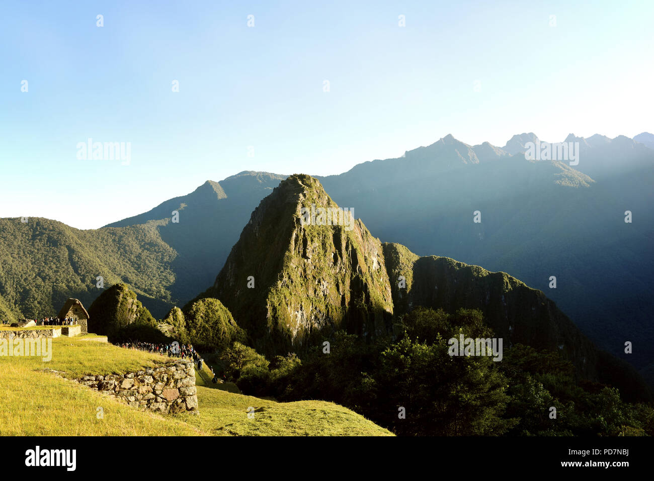 Sunrise lit Huayna Picchu and Machu Picchu. Jul 2018 Stock Photo