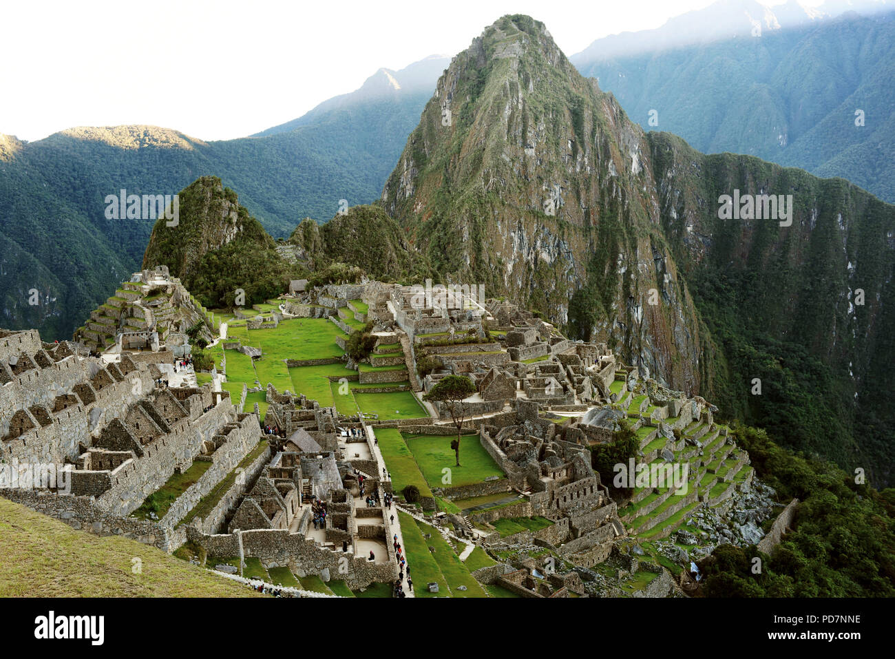 Close up shot of Machu Picchu (UNESCO World Heritage Site) during the early morning. Aguas Calientes, Peru. Jul 2018 Stock Photo