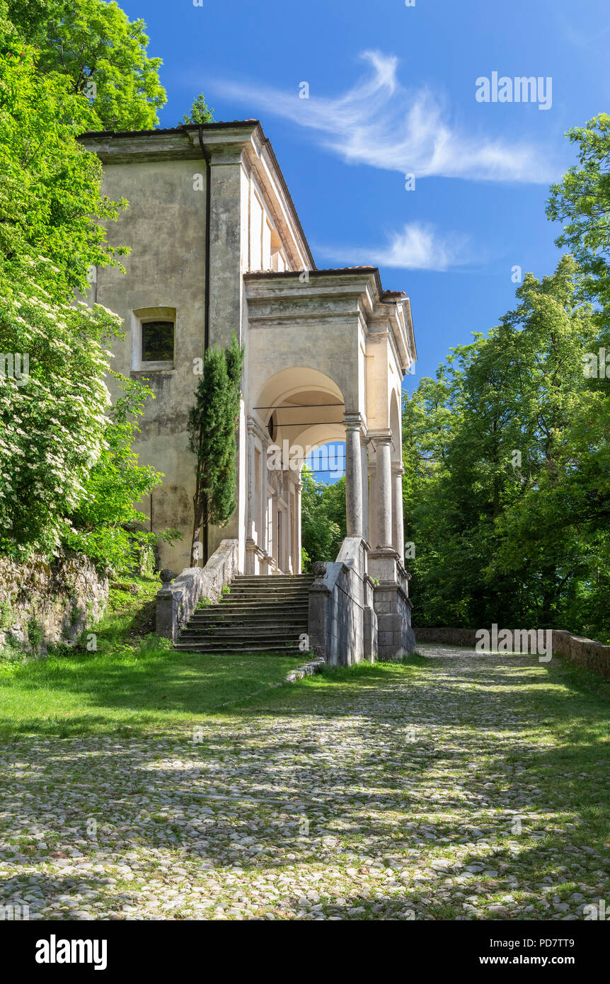 View of the chapels and the sacred way of Sacro Monte di Varese, Unesco World Heritage Site. Sacro Monte di Varese, Varese, Lombardy, Italy. Stock Photo