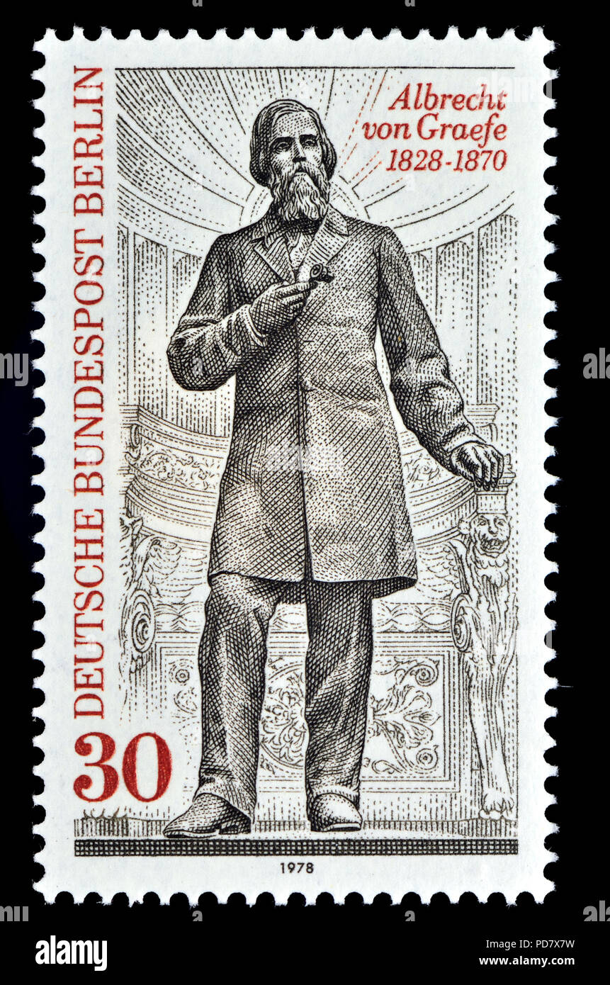 German postage stamp (Berlin: 1978) : Friedrich Wilhelm Ernst Albrecht von Gräfe (1828 – 1870) Prussian pioneer of German ophthalmology. Stock Photo