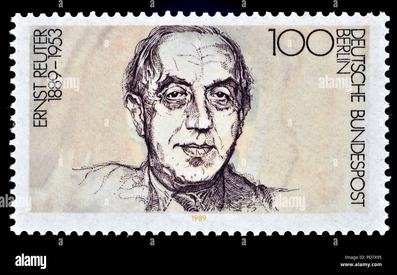 German postage stamp (Berlin: 1989) : Ernst Rudolf Johannes Reuter (1889 – 1953) German mayor of West Berlin from 1948 to 1953, during the Cold War. Stock Photo