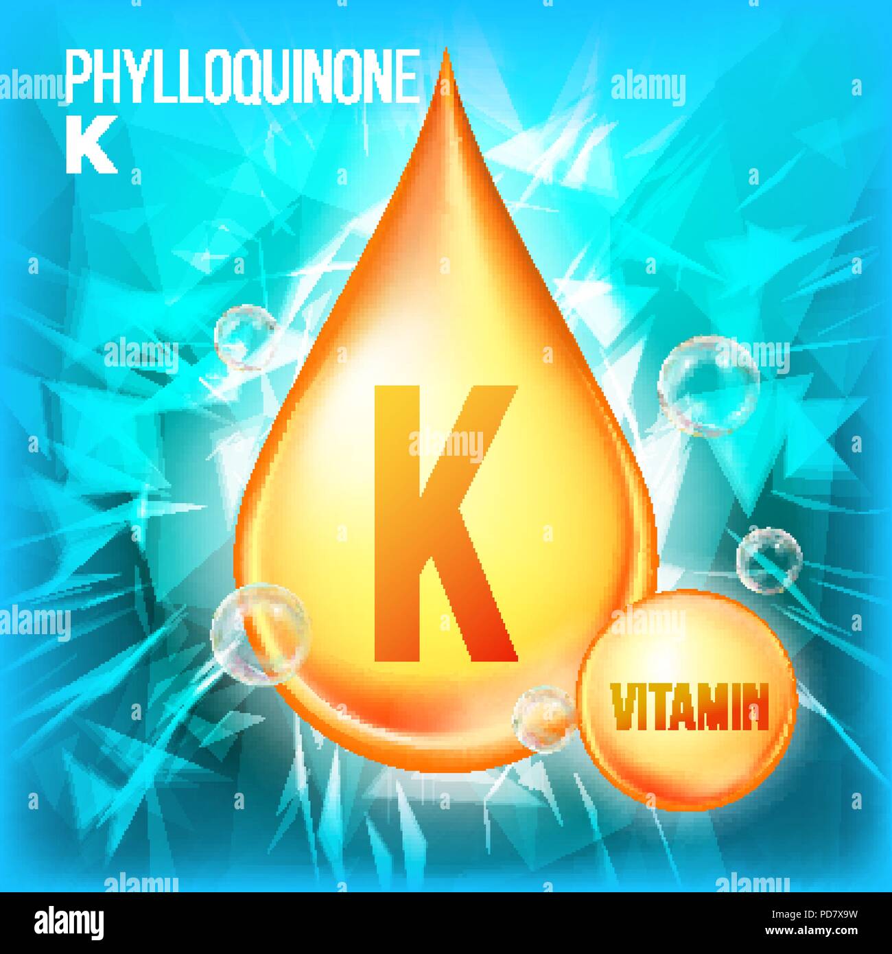 Vitamin K Phylloquinone Vector. Vitamin Gold Oil Drop Icon. Organic