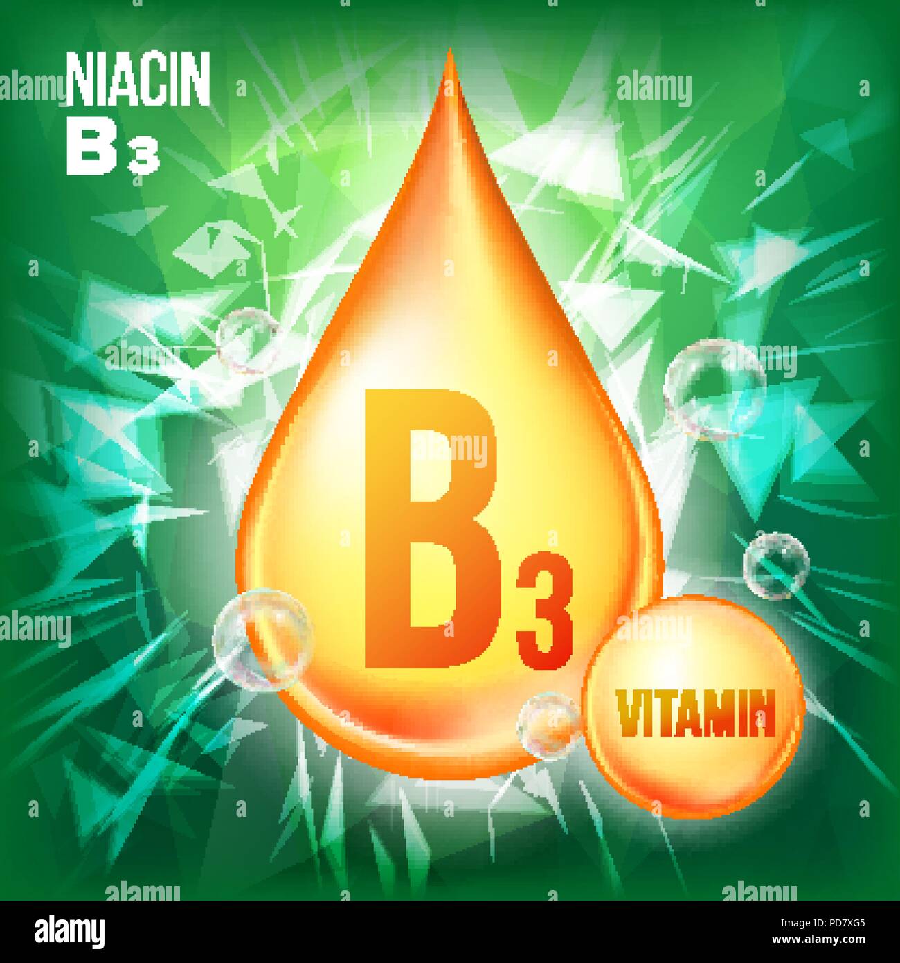 Vitamin B3 Niacin Vector. Gold Oil Drop Icon. Organic Gold Droplet Icon