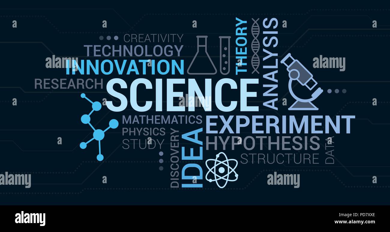 Science, research and innovation tag cloud with icons and concepts Stock Vector