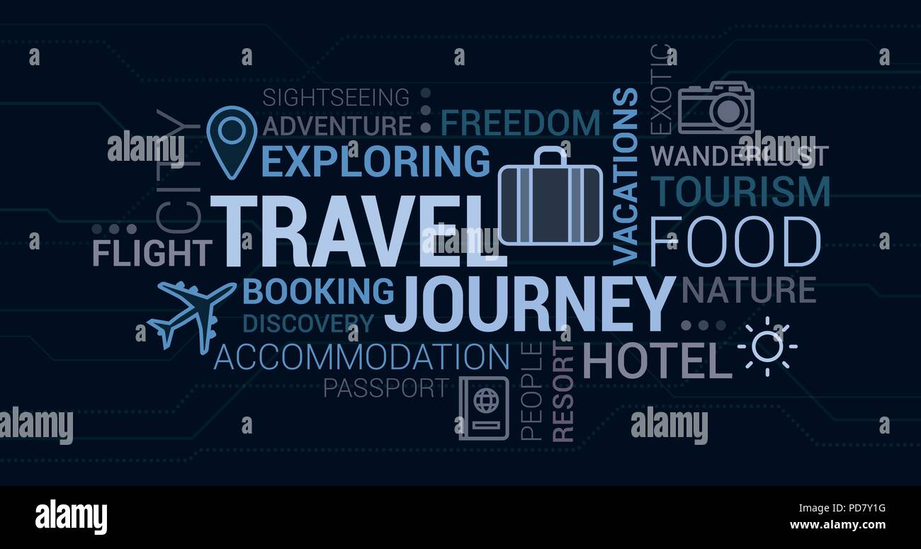 Travel, adventure and tourism tag cloud with icons and concepts Stock Vector