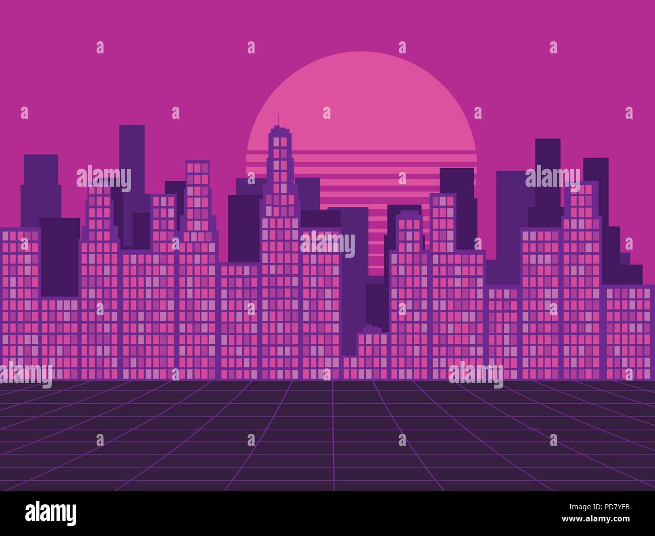 Retro futuristic city in the style of the 80s. Synthwave retro background. Neon sunset. Retrowave. Vector illustration Stock Vector