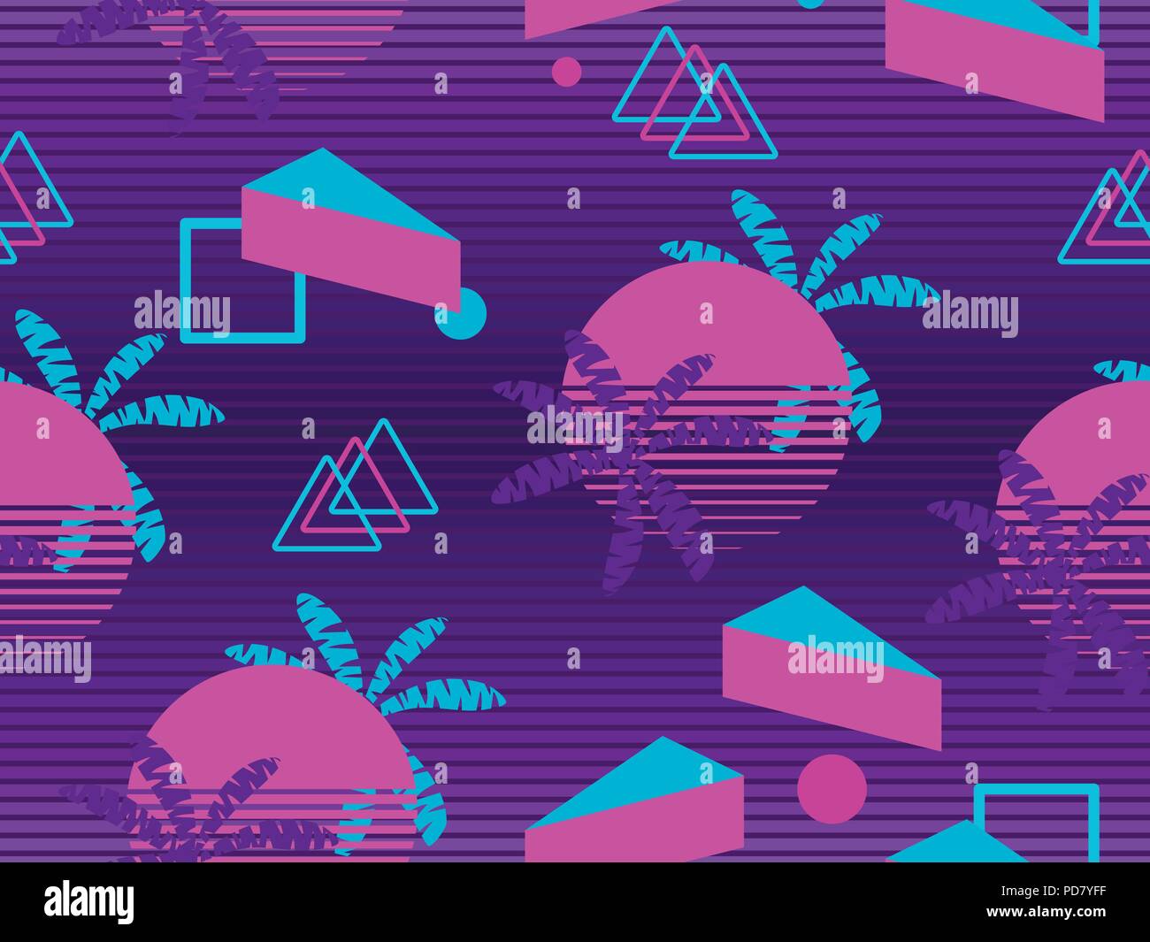 Memphis seamless pattern with palm tree. Geometric elements memphis in the style of 80s. Synthwave futuristic background. Retrowave. Vector illustrati Stock Vector