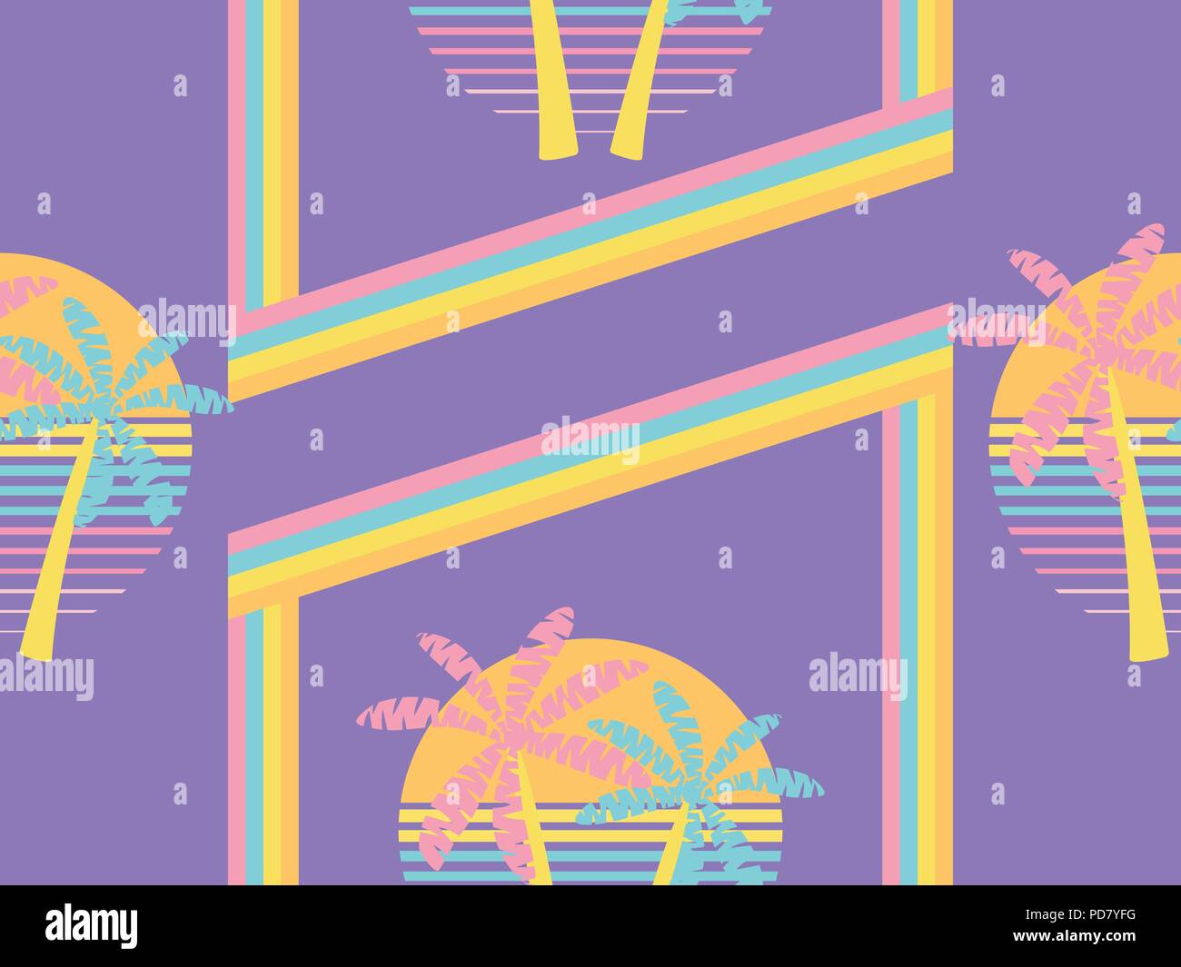 Futuristic palm tree and sun seamless pattern. Synthwave retro background 1980s style. Retrowave. Vector illustration Stock Vector