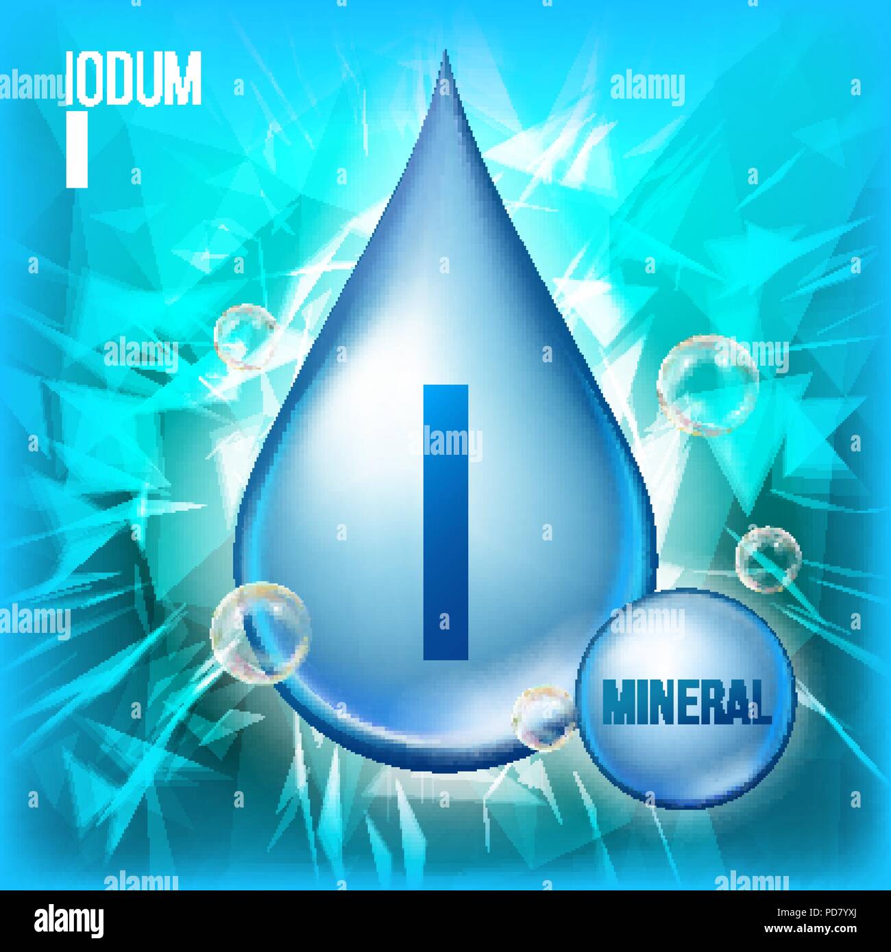 I Iodum Vector. Mineral Blue Drop Icon. Vitamin Capsule Liquid Icon. Substance For Beauty, Cosmetic, Heath Promo Ads Design. 3D Mineral Complex With Chemical Formula. Illustration Stock Vector