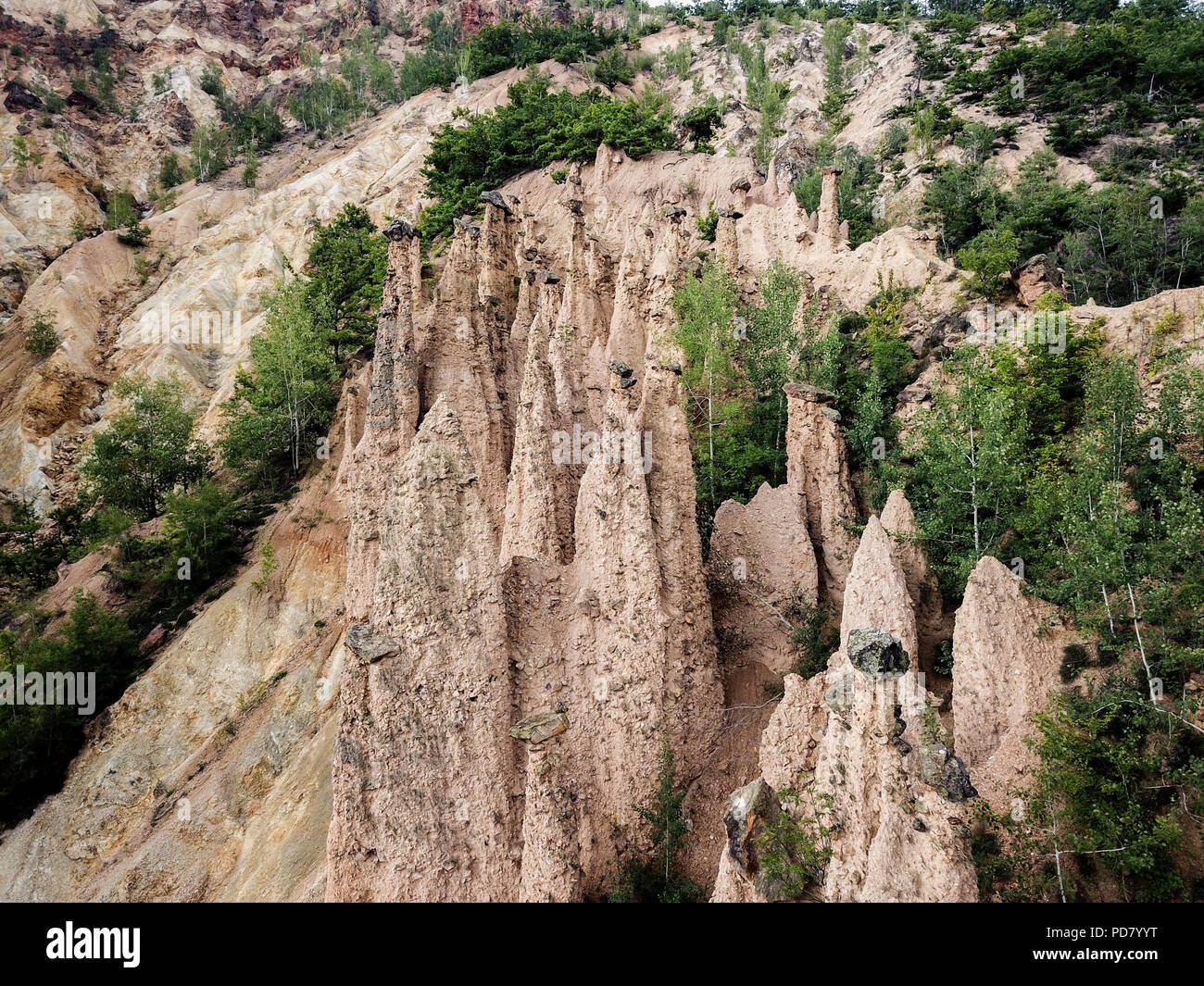 Đavolja varoš (meaning 'Devil's Town') is a peculiar rock formation of 202 exotic formations described as earth pyramids or 'towers'. Stock Photo