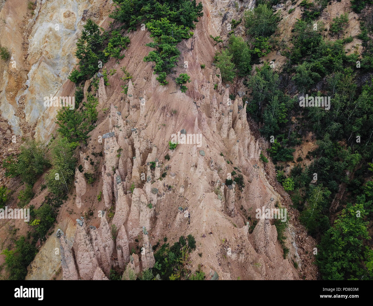 Đavolja varoš (meaning 'Devil's Town') is a peculiar rock formation of 202 exotic formations described as earth pyramids or 'towers'. Stock Photo