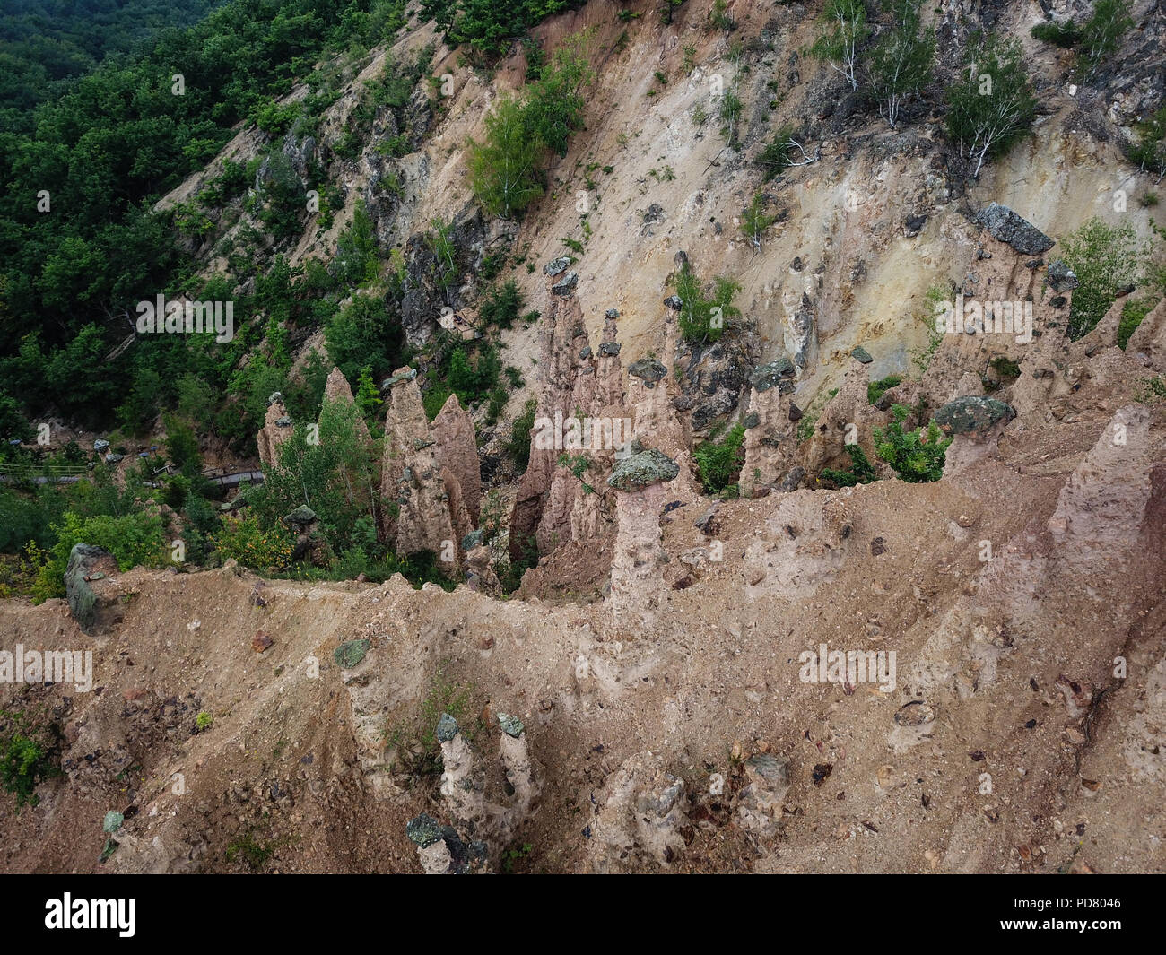 Đavolja varoš (meaning 'Devil's Town') is a peculiar rock formation of 202 exotic formations described as earth pyramids or 'towers'. Stock Photo