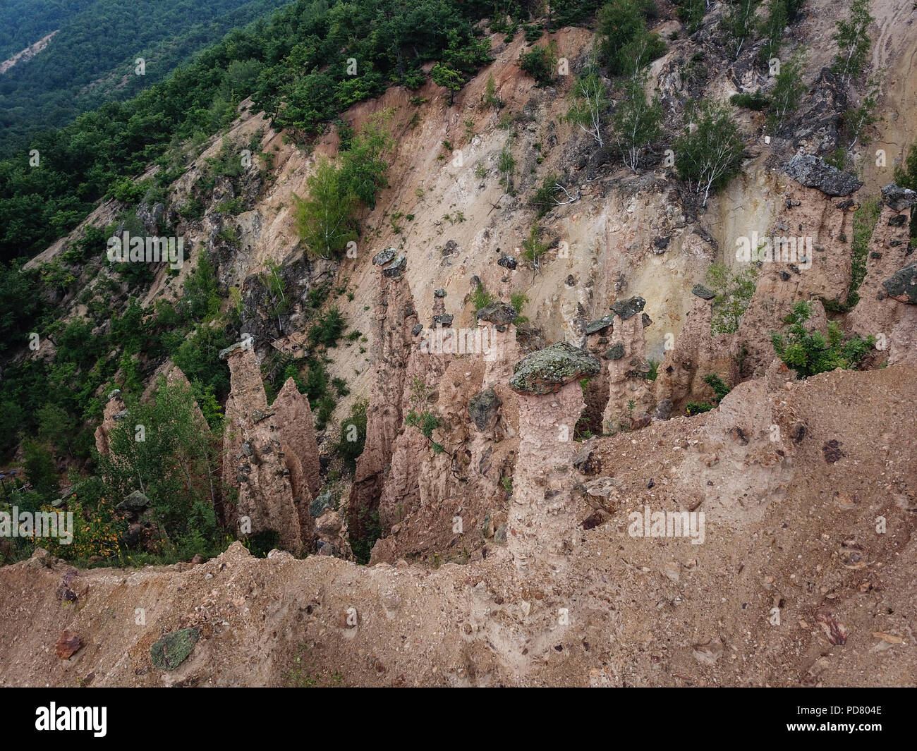 Đavolja varoš (meaning 'Devil's Town') is a peculiar rock formation of 202 exotic formations described as earth pyramids or 'towers'. Stock Photo