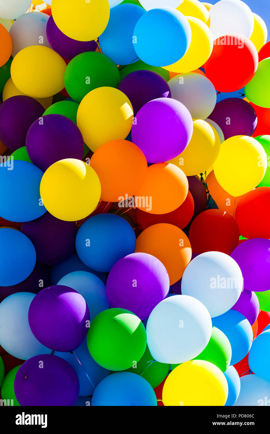 Background Of A Set Of Colored Balloons On The Sky Background Stock Photo 214690740 Alamy