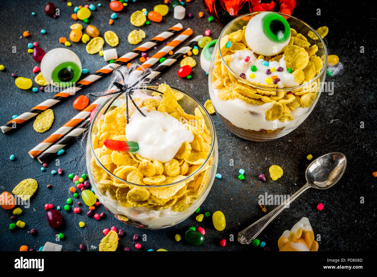 Funny Halloween Food Ideas Trifle Dessert For Kids With Spooky Halloween Decorations And Candies Dark Background Stock Photo Alamy