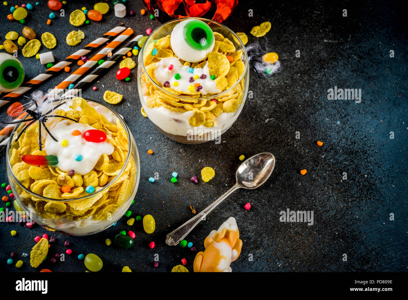 Funny Halloween Food Ideas Trifle Dessert For Kids With Spooky Halloween Decorations And Candies Dark Background Stock Photo Alamy
