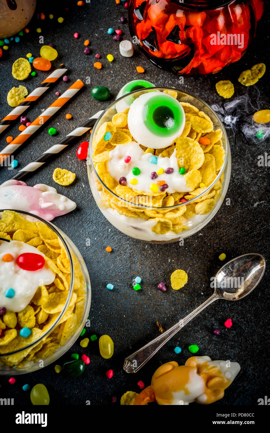 Funny Halloween Food Ideas Trifle Dessert For Kids With Spooky Halloween Decorations And Candies Dark Background Stock Photo Alamy