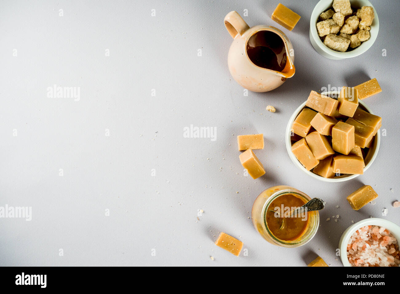 Salted caramel sauce with fudge candy, fleur de sel, brown cane sugar