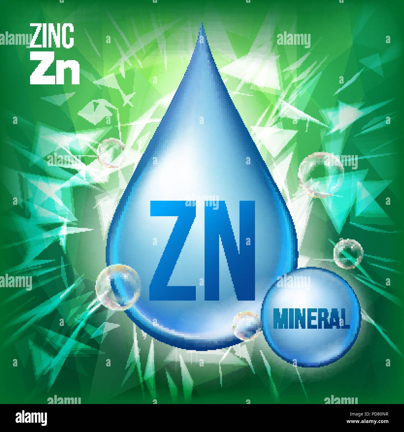 Zn Zinc Vector. Mineral Blue Drop Icon. Vitamin Liquid Droplet Icon
