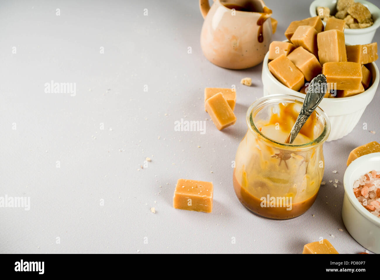 Salted caramel sauce with fudge candy, fleur de sel, brown cane sugar