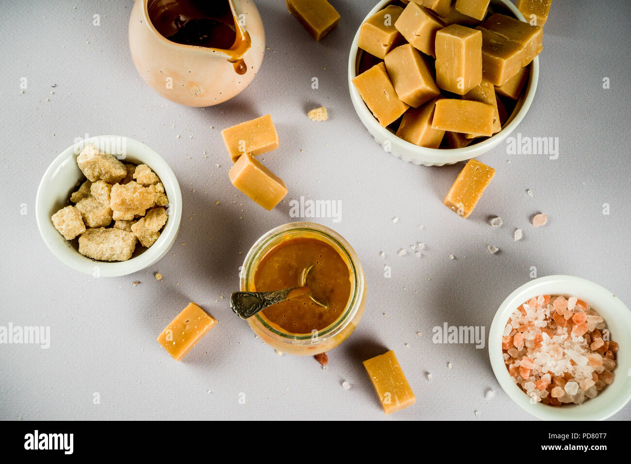 Salted caramel sauce with fudge candy, fleur de sel, brown cane sugar