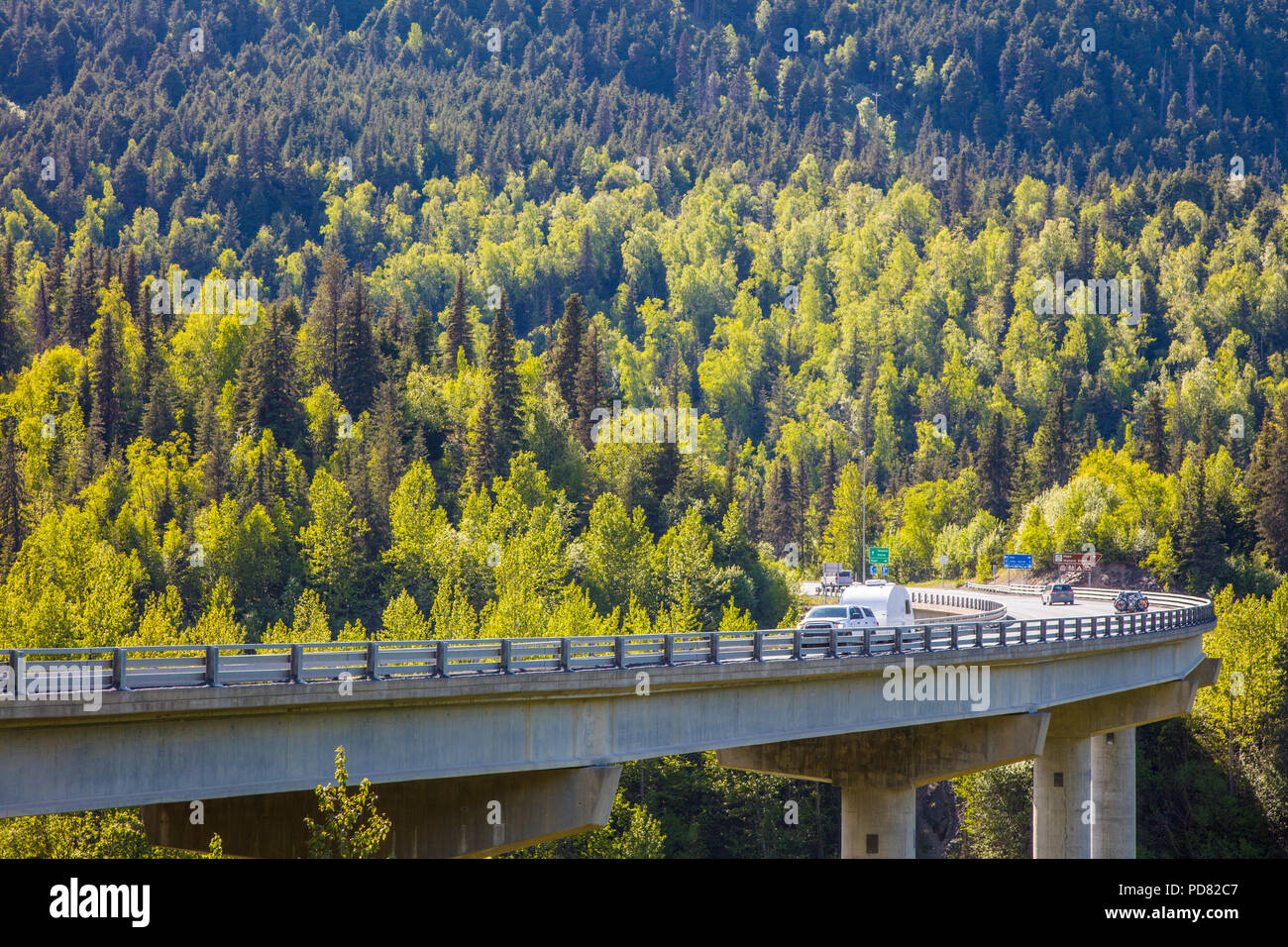 Bridge on the Seward Highway between Anchorage and Seward on the Kenai Peninsula in Alaska Stock