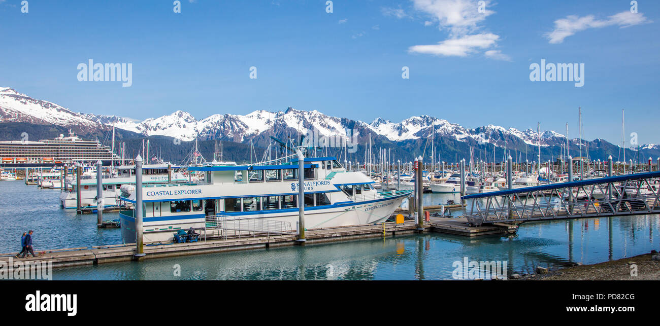 Boat harbor in Seward Alaska on the Kenai Peninsula with snow capped mountains in background Stock Photo