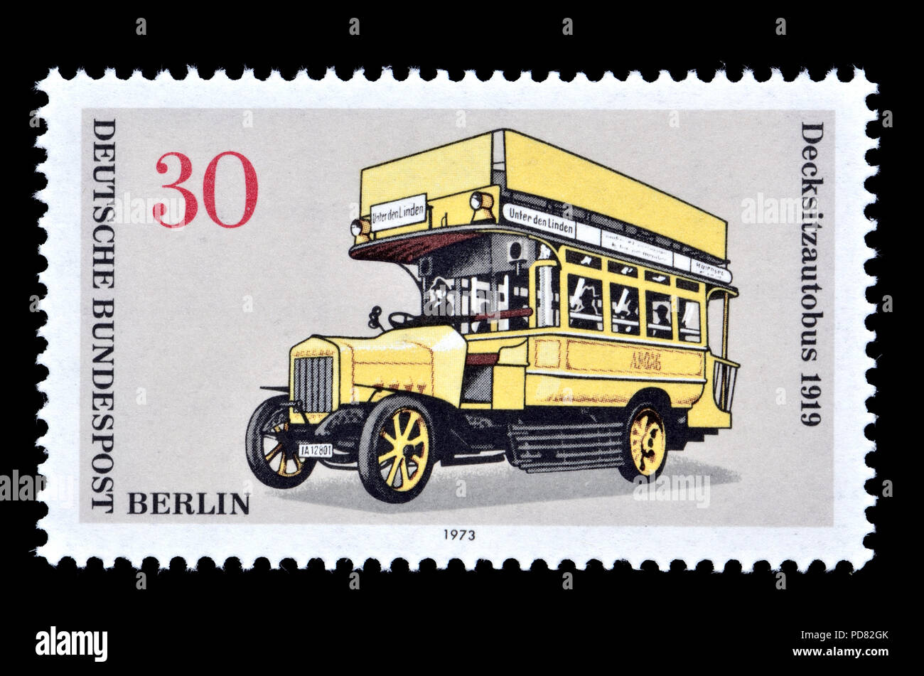 German postage stamp (Berlin: 1973) : Open top bus 1919 Stock Photo