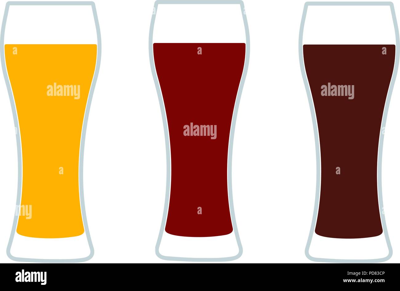 Beer glasses. Three versions light beer, dark beer and amber beer. Isolated vector illustration on white background. Stock Vector