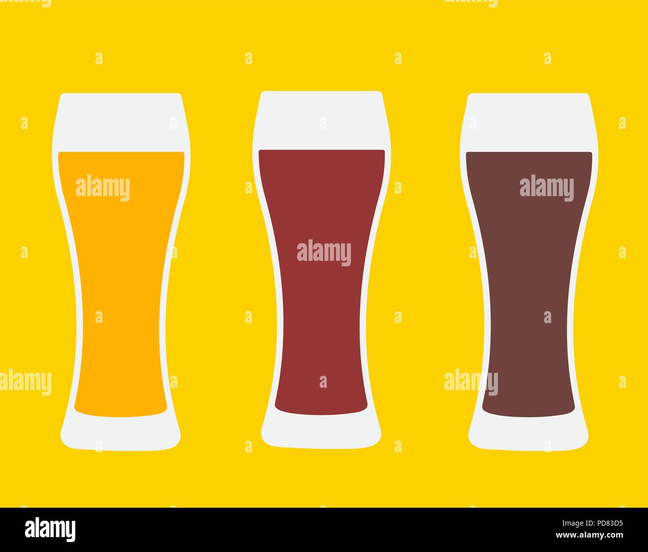 Beer glasses. Three versions light beer, dark beer and amber beer. Isolated vector illustration. Stock Vector